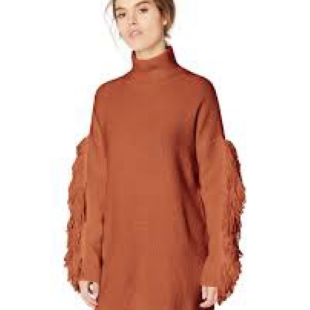 BCBG Maxazria Burnt Sienna Brown Fringe Mock Neck Merino Wool Tunic Sweater S